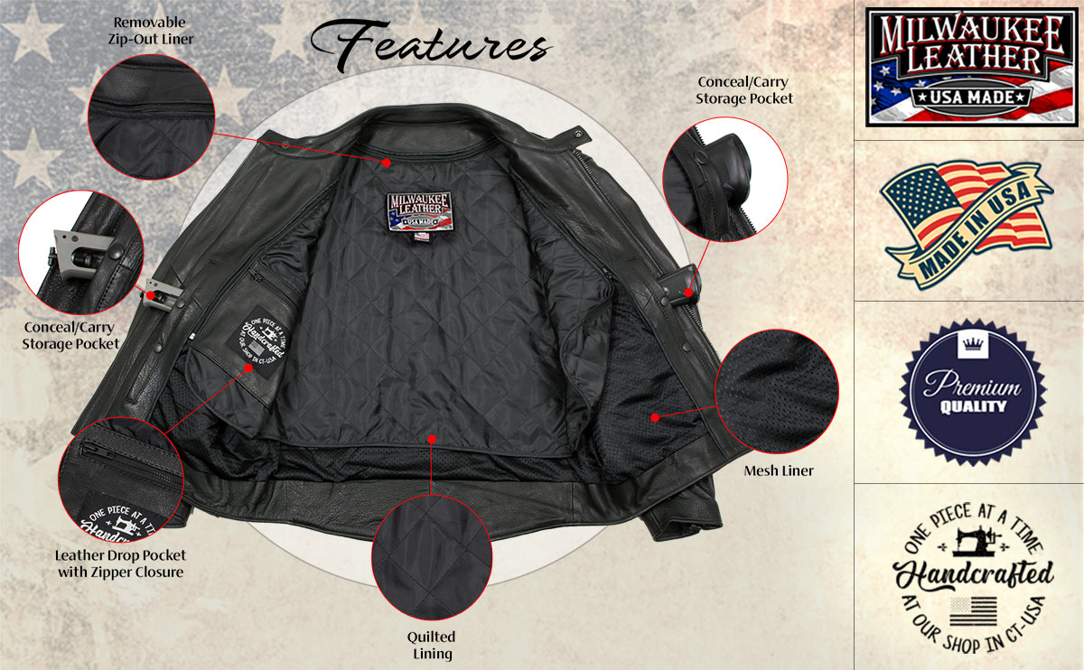 Milwaukee Leather USA MADE MLJKM5002 Men's Black Air Stream Vented Premium Leather Motorcycle Jacket with Side Laces