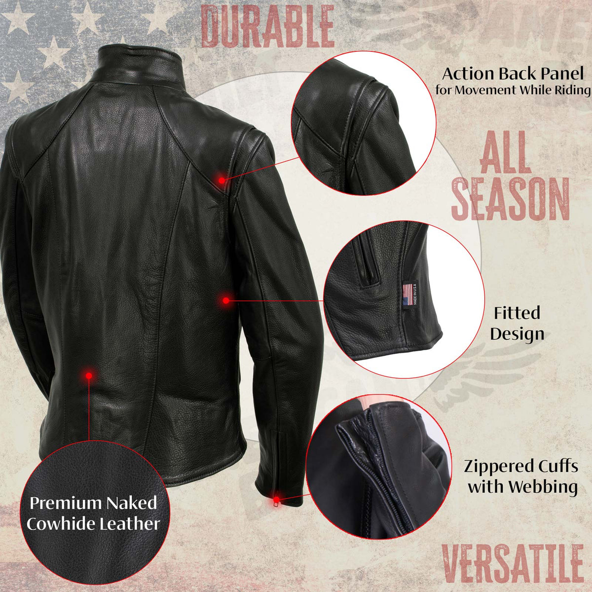 Milwaukee Leather USA MADE MLJKL5003 Women's Black Serene Clean Cut Premium Motorcycle Leather Jacket
