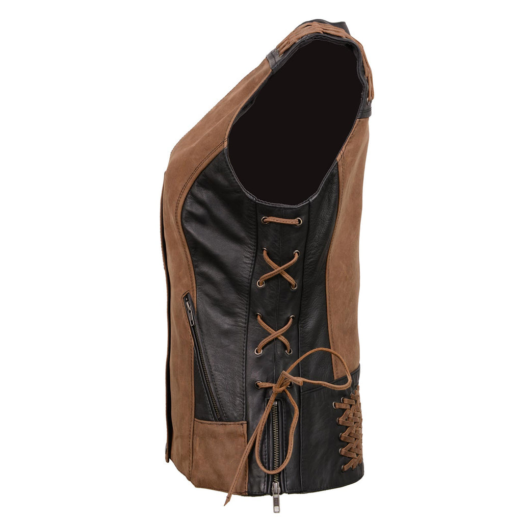 Milwaukee Leather Women's MLL4509 Smoocher Two Tone Crazy Horse Brown and Black Leather Club Style Motorcycle Vest