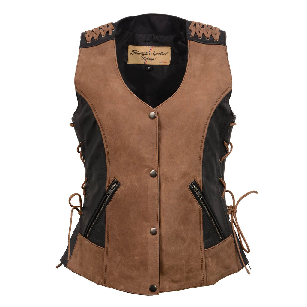 Milwaukee Leather Women's MLL4509 Smoocher Two Tone Crazy Horse Brown and Black Leather Club Style Motorcycle Vest