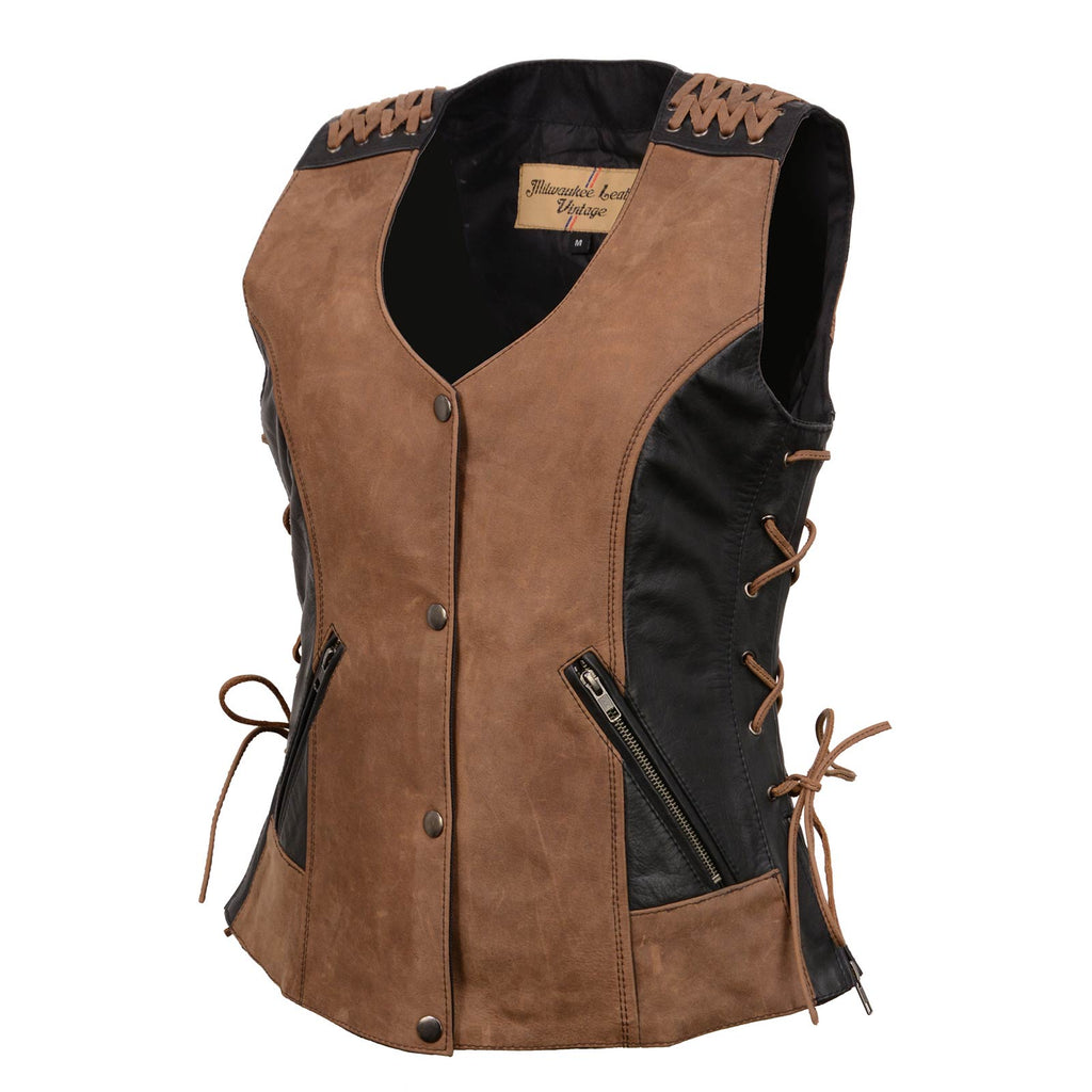 Milwaukee Leather Women's MLL4509 Smoocher Two Tone Crazy Horse Brown and Black Leather Club Style Motorcycle Vest