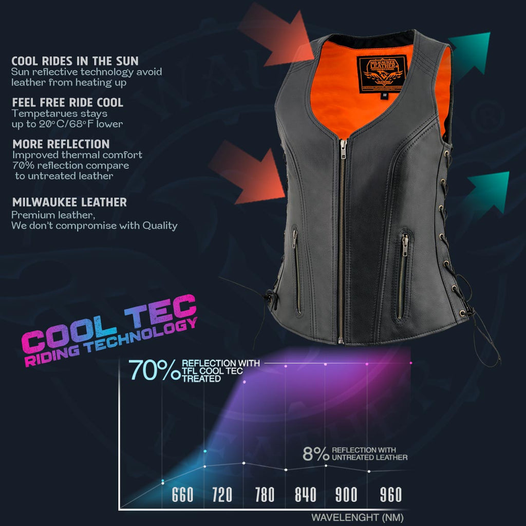 Milwaukee Leather MLL4532 Women's Side Laced Premium Black Leather Motorcycle Rider Vest w/ Cool-Tec Leather Treatement