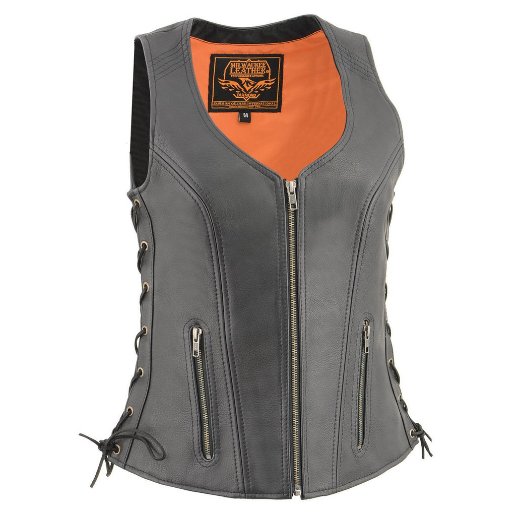 Milwaukee Leather MLL4532 Women's Side Laced Premium Black Leather Motorcycle Rider Vest w/ Cool-Tec Leather Treatement