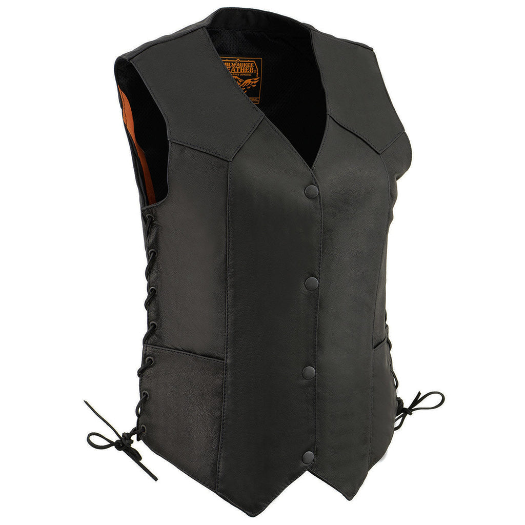 Milwaukee Leather MLL4546 Women's Black Premium Leather Lightweight V-Neck Motorcycle Rider Vest w/ Side Laces