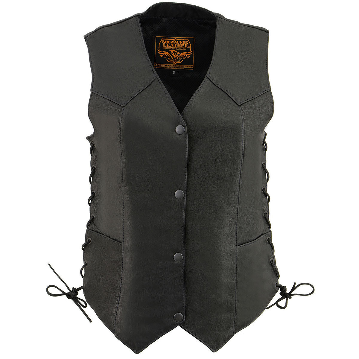 Milwaukee Leather MLL4546 Women's Black Premium Leather Lightweight V-Neck Motorcycle Rider Vest w/ Side Laces