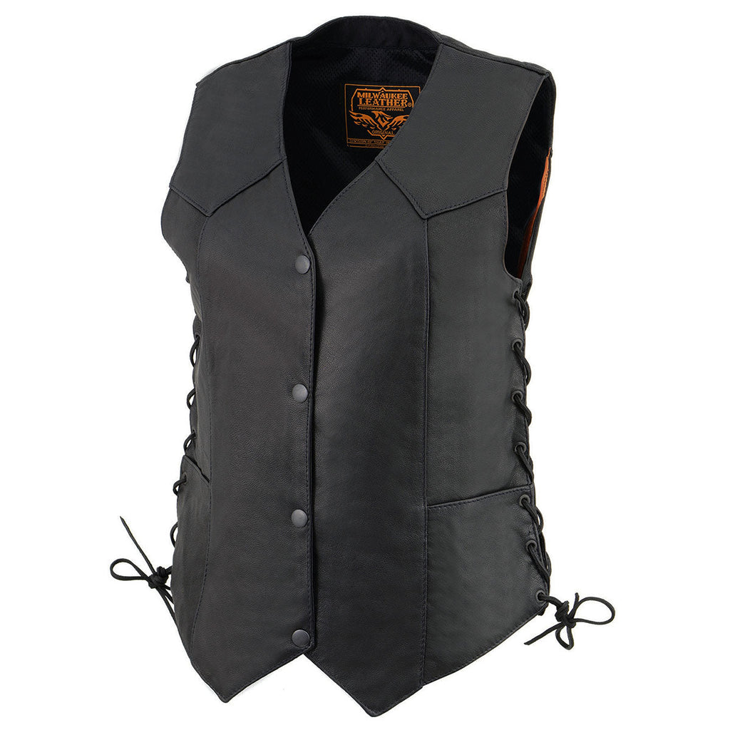 Milwaukee Leather MLL4546 Women's Black Premium Leather Lightweight V-Neck Motorcycle Rider Vest w/ Side Laces
