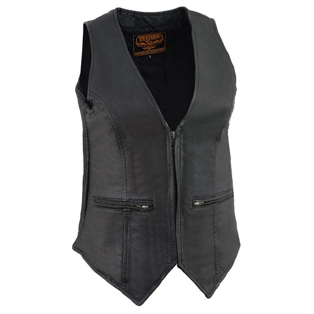 Milwaukee Leather MLL4555 Women's Black Premium Leather Zipper Closure Motorcycle Rider Vest w/ Stretch Side Panel