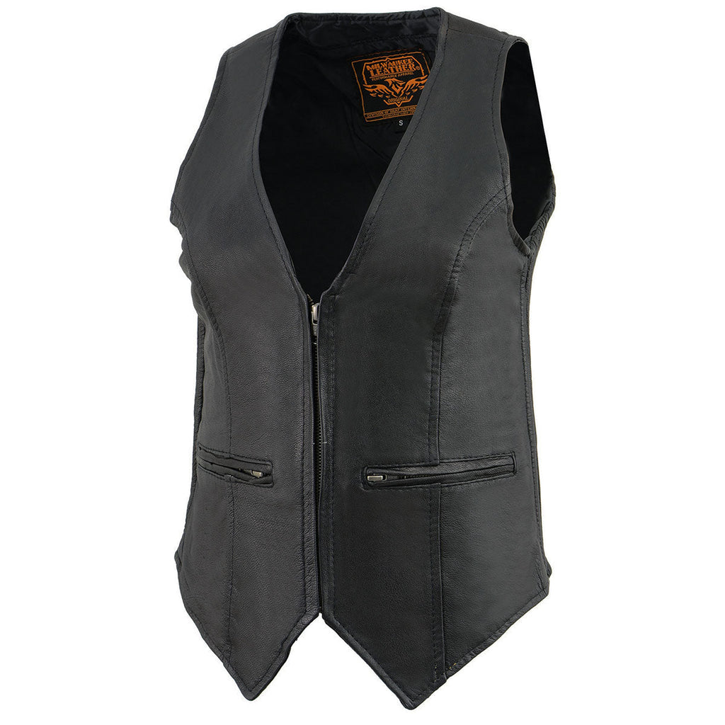Milwaukee Leather MLL4555 Women's Black Premium Leather Zipper Closure Motorcycle Rider Vest w/ Stretch Side Panel
