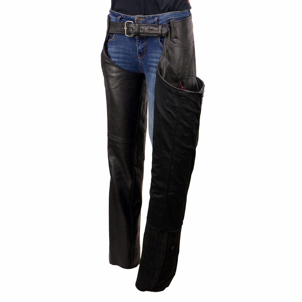 Milwaukee Leather Women's Black Premium Leather Motorcycle Rider Chaps w/ Purple Crinkled Stripes-Reflective Trim MLL6500