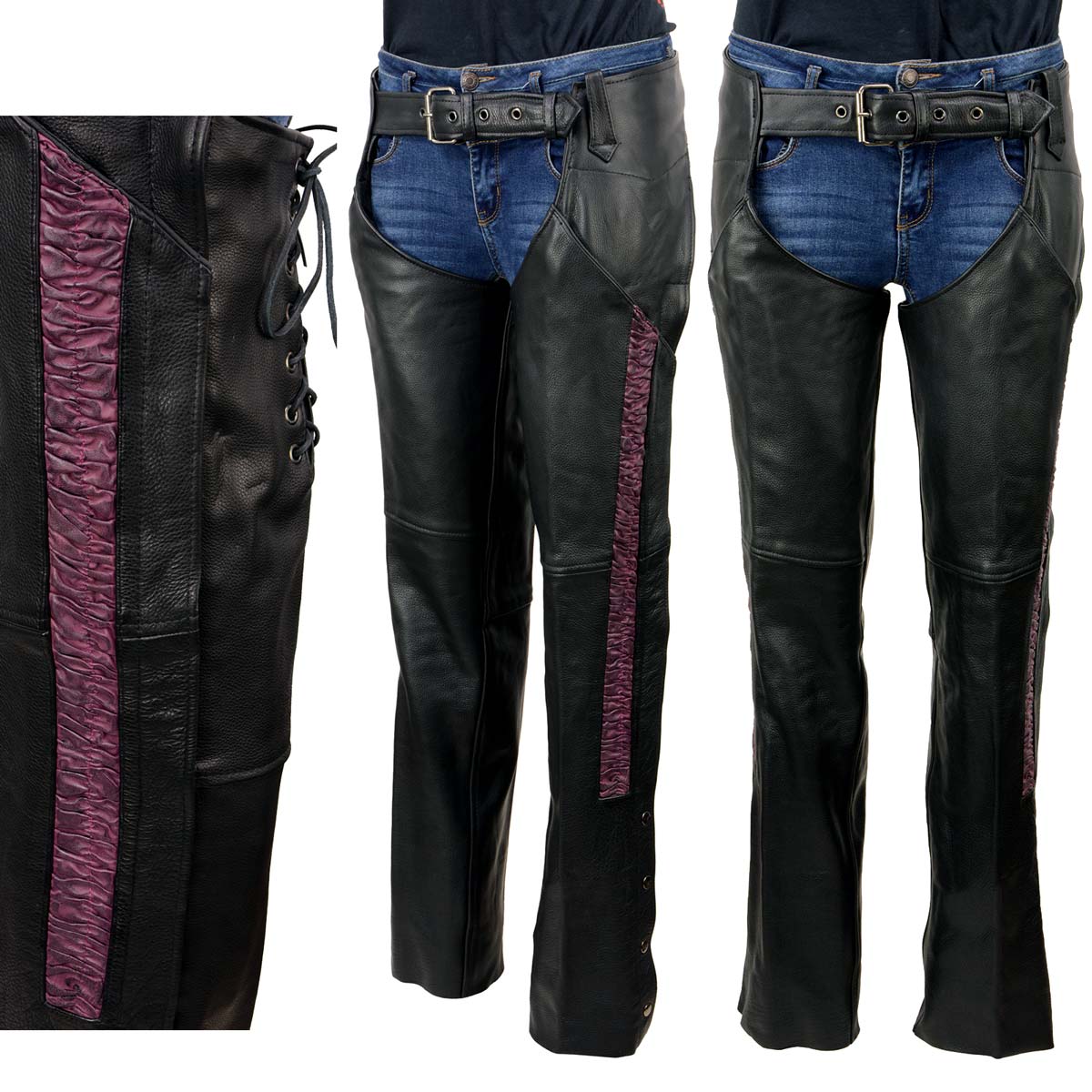 Milwaukee Leather Women's Black Premium Leather Motorcycle Rider Chaps w/ Purple Crinkled Stripes-Reflective Trim MLL6500