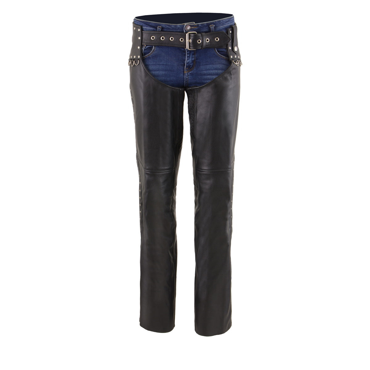 Milwaukee Leather Women's Rivet Rose Black Leather Motorcycle Chaps w/ Rivet and D-Ring Accents - MLL6503