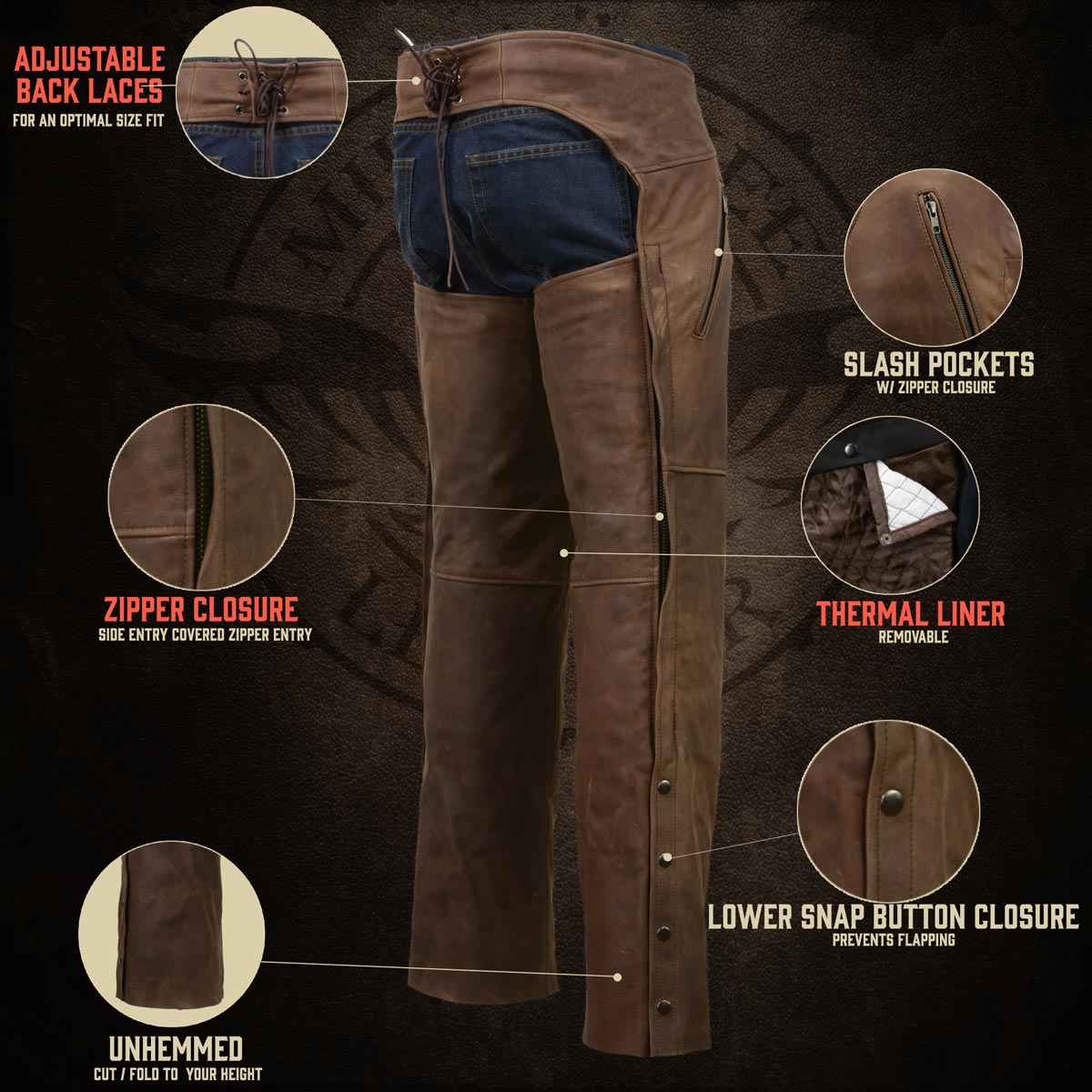 Milwaukee Leather Chaps for Men's Vintage Crazy Horse Brown Leather- Snap Out Thermal Lined Motorcycle Chap MLM5518