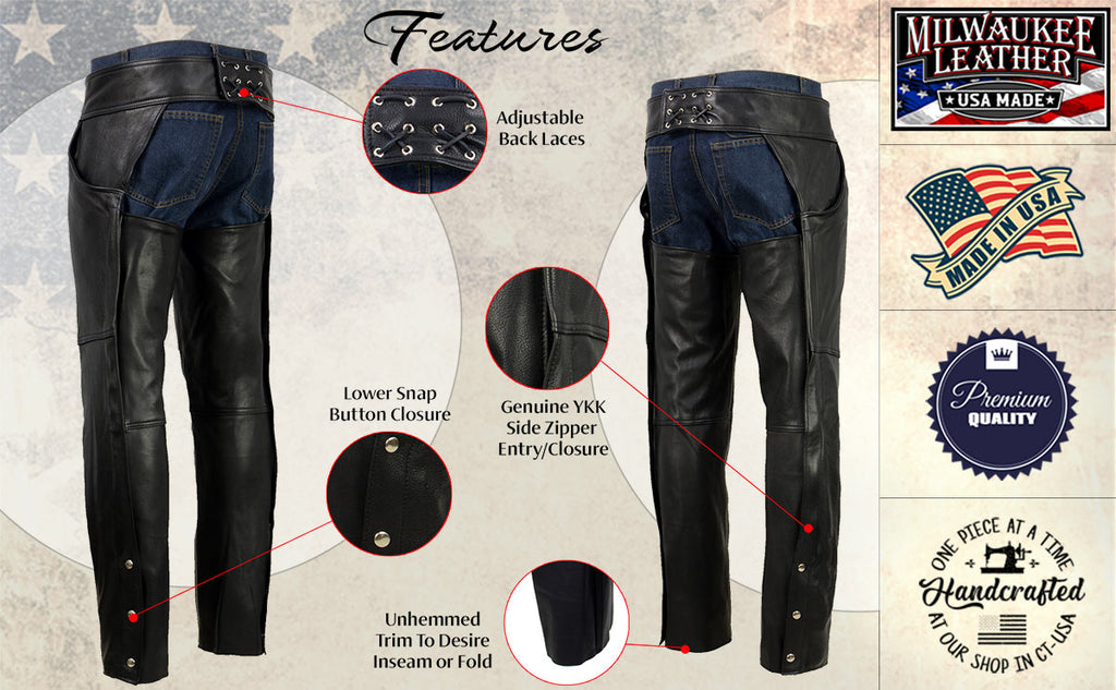 Milwaukee Leather USA MADE MLM5570 Men's Black Enfold Classic Premium Leather Motorcycle Chaps with Jean Pockets