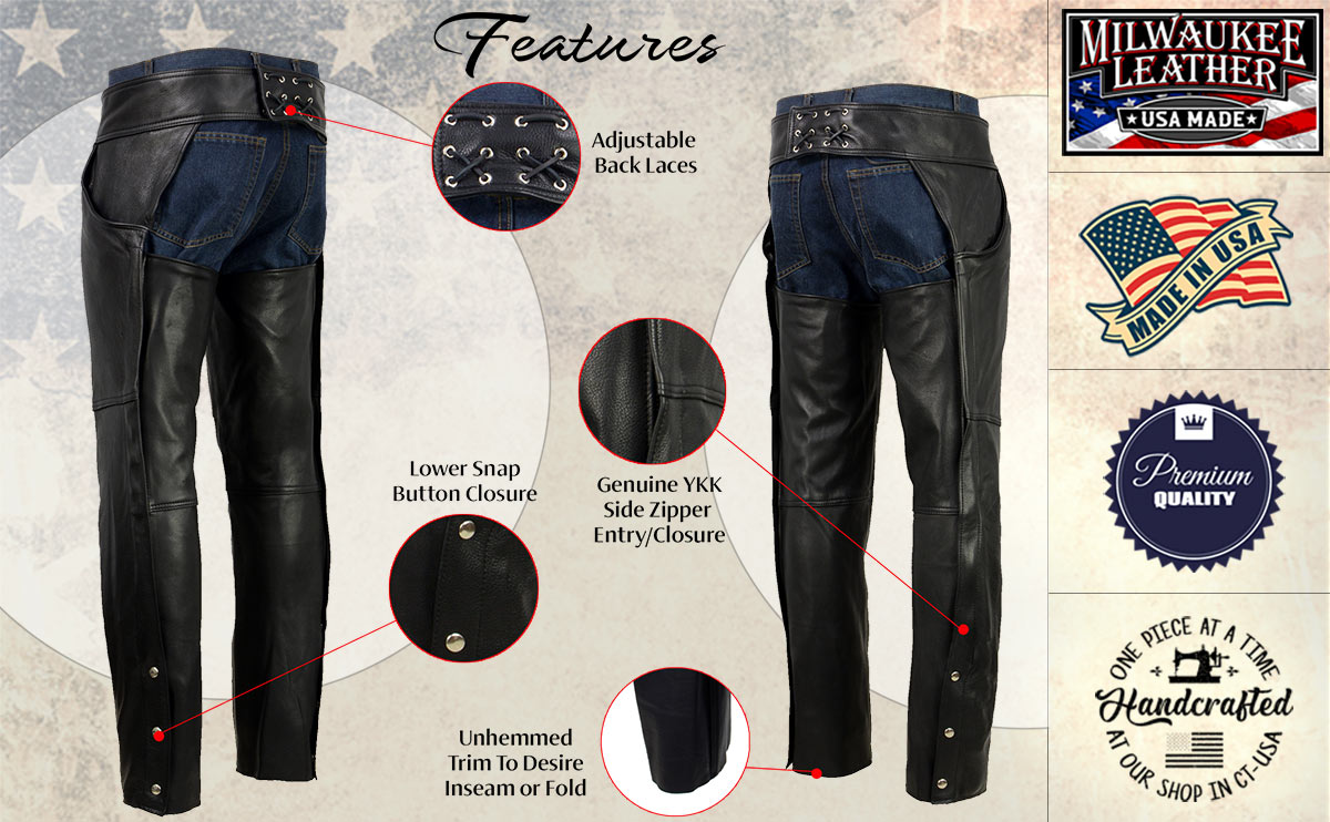 Milwaukee Leather USA MADE MLM5570 Men's Black Enfold Classic Premium Leather Motorcycle Chaps with Jean Pockets