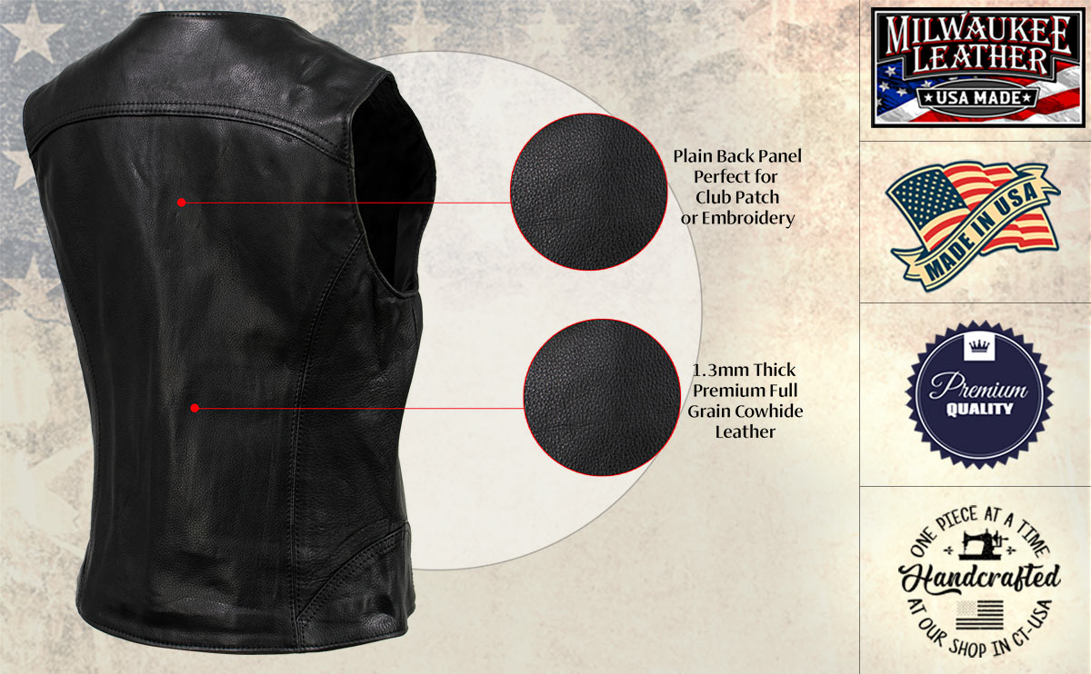 Milwaukee Leather USA MADE MLVSL5003 Women's Black Speed Queen Motorcycle Leather Vest with Front Zipper