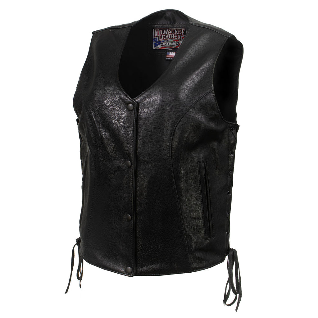 Milwaukee Leather USA MADE MLVSL5002 Women's Black Kitten Leather Motorcycle Vest with Side Laces