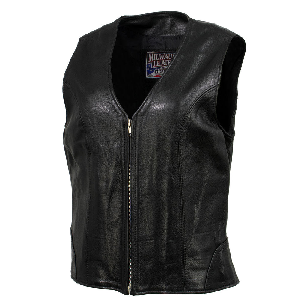 Milwaukee Leather USA MADE MLVSL5003 Women's Black Speed Queen Motorcycle Leather Vest with Front Zipper