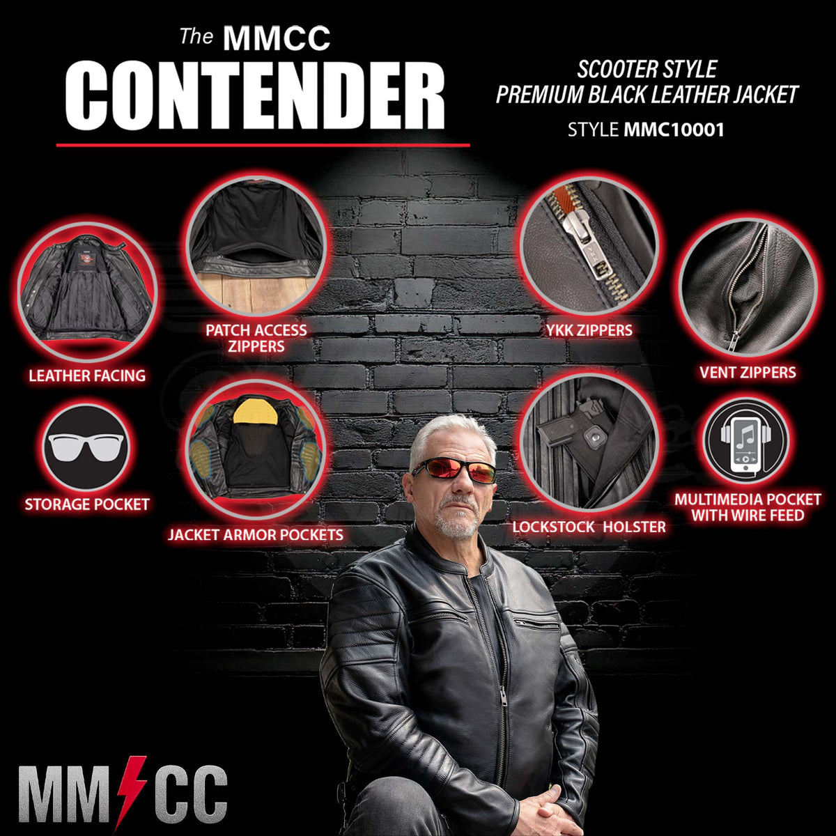 MMCC Men's Contender Black Leather Motorcycle Jacket - MMC10001