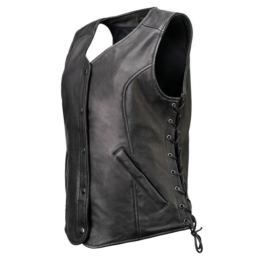 MMCC Women's Born Free Black Leather Motorcycle Vest - MMC40002