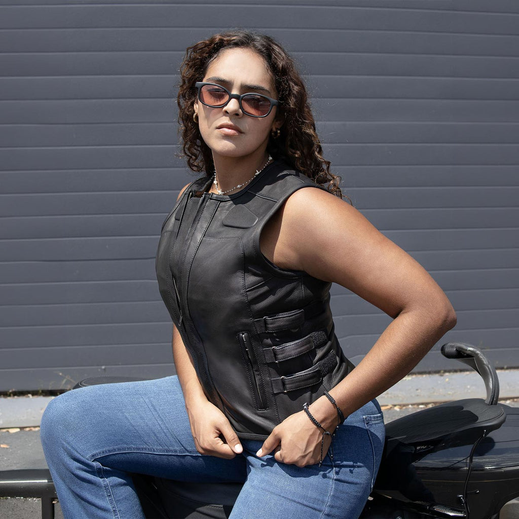 MMCC Women's Gixxer Black Leather Motorcycle Vest - MMC40003
