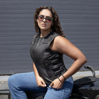 MMCC Women's Gixxer Black Leather Motorcycle Vest - MMC40003