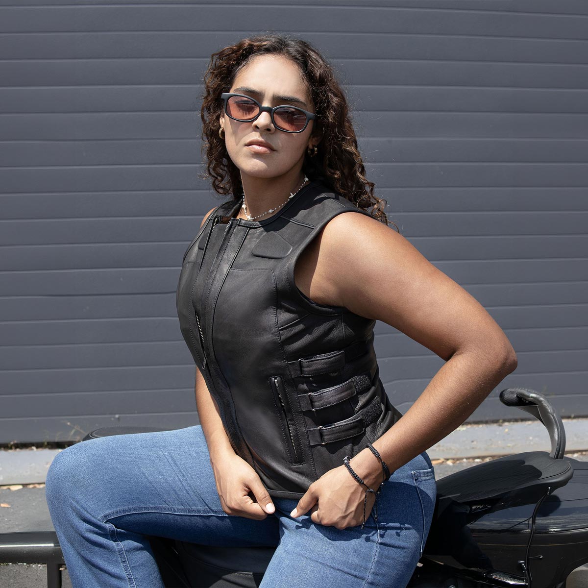 MMCC Women's Gixxer Black Leather Motorcycle Vest - MMC40003
