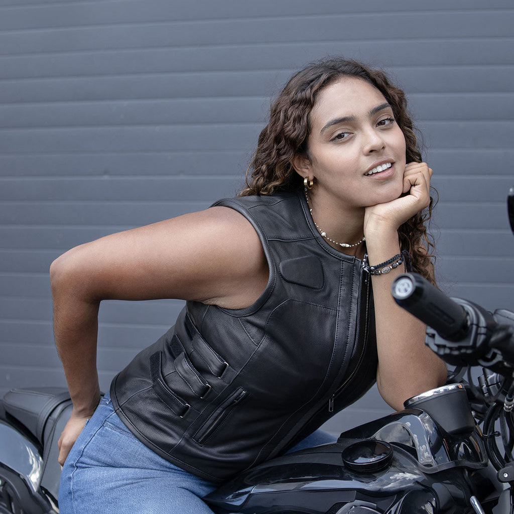 MMCC Women's Gixxer Black Leather Motorcycle Vest - MMC40003