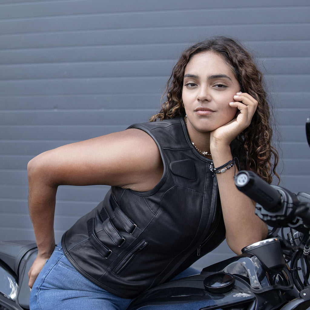 MMCC Women's Gixxer Black Leather Motorcycle Vest - MMC40003