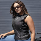 MMCC Women's Gixxer Black Leather Motorcycle Vest - MMC40003
