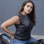 MMCC Women's Gixxer Black Leather Motorcycle Vest - MMC40003