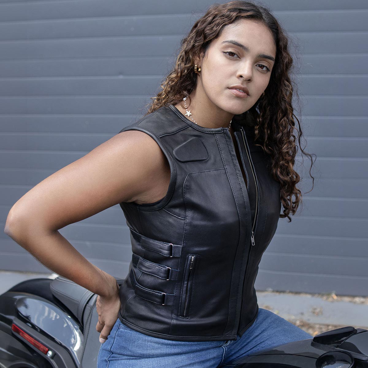 MMCC Women's Gixxer Black Leather Motorcycle Vest - MMC40003