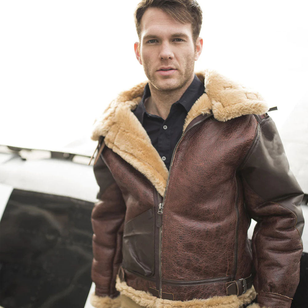 Men's B-3 Shearling Bomber Jacket with Cowhide Overlays & Cream Wool