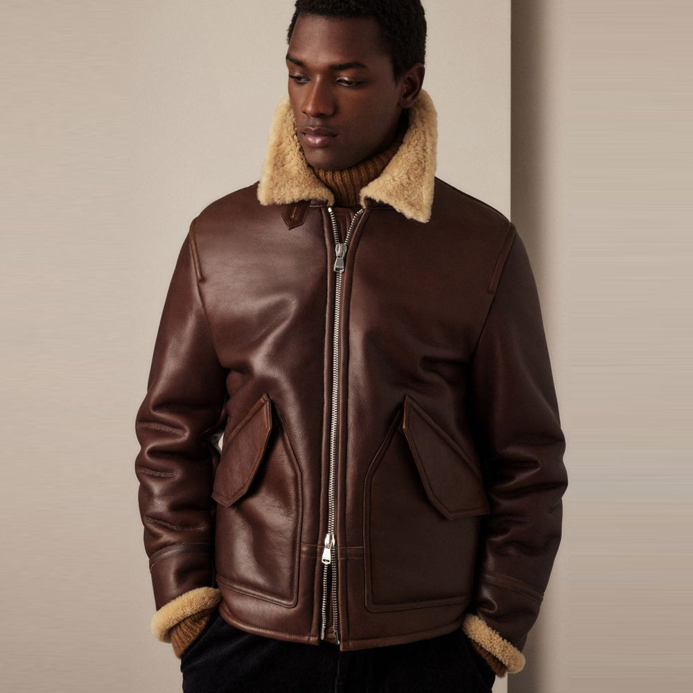 Men's Espresso Brown Double-Face Shearling Aviator Flight Jacket