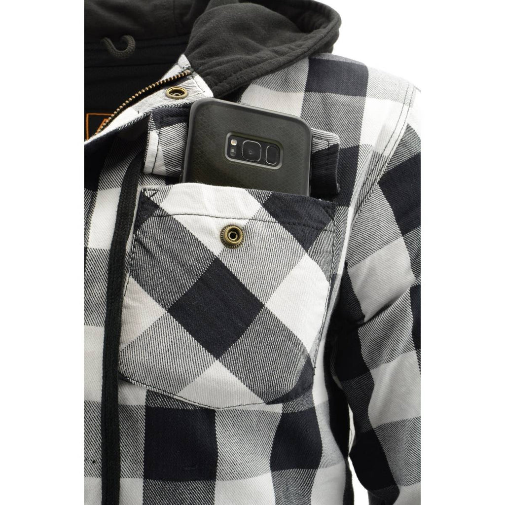 Milwaukee Leather Men’s Othello Black & White Plaid Hooded Riding Shirt w/ CE Armor & Aramid Fiber Panels - MPM1629