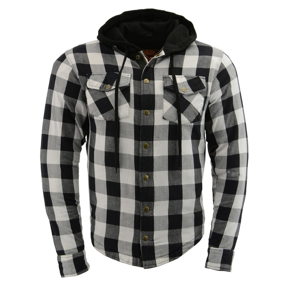 Milwaukee Leather Men’s Othello Black & White Plaid Hooded Riding Shirt w/ CE Armor & Aramid Fiber Panels - MPM1629