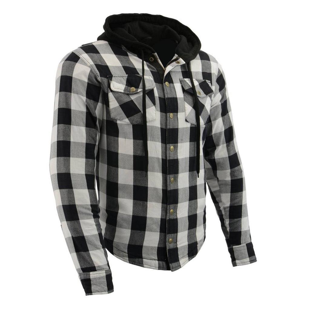 Milwaukee Leather Men’s Othello Black & White Plaid Hooded Riding Shirt w/ CE Armor & Aramid Fiber Panels - MPM1629