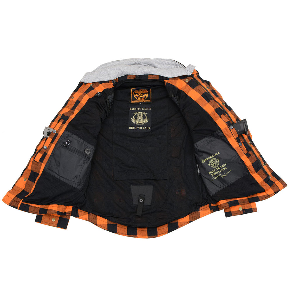 Milwaukee Leather Men’s Titans Orange & Black Plaid Hooded Riding Shirt w/ CE Armor & Aramid Fiber Panels - MPM1642