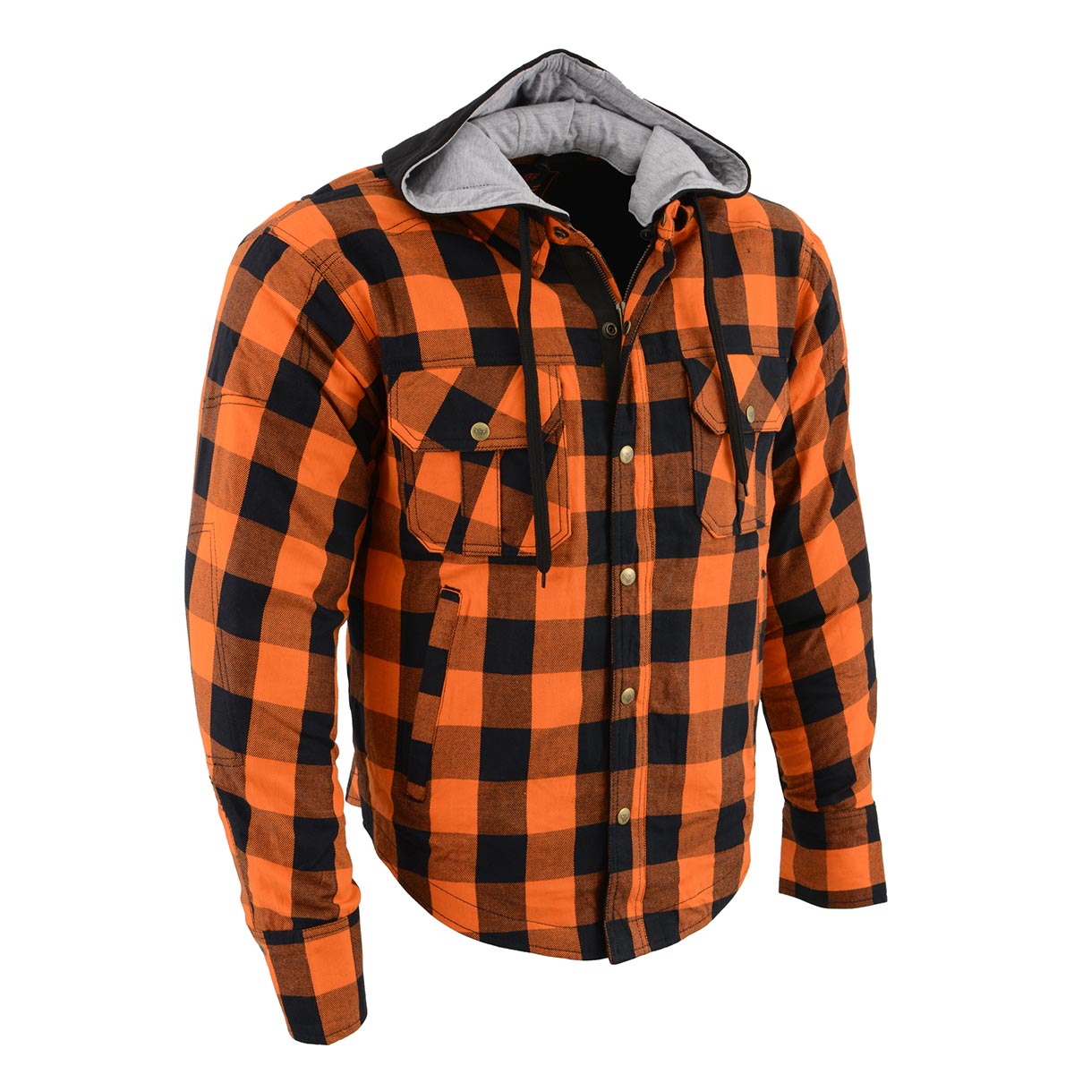 Milwaukee Leather Men’s Titans Orange & Black Plaid Hooded Riding Shirt w/ CE Armor & Aramid Fiber Panels - MPM1642