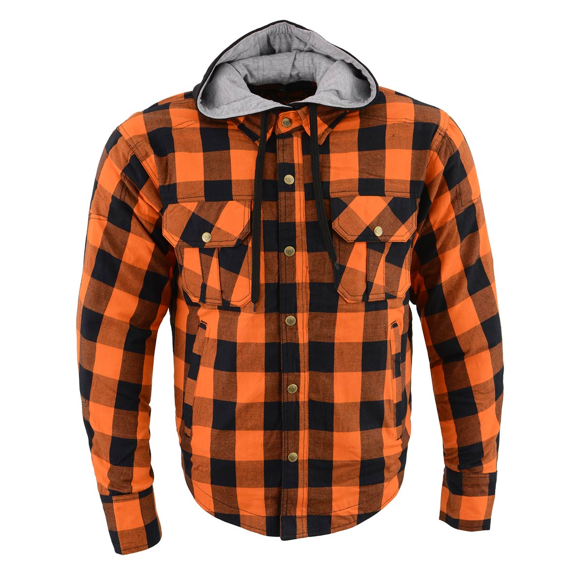 Milwaukee Leather Men’s Titans Orange & Black Plaid Hooded Riding Shirt w/ CE Armor & Aramid Fiber Panels - MPM1642