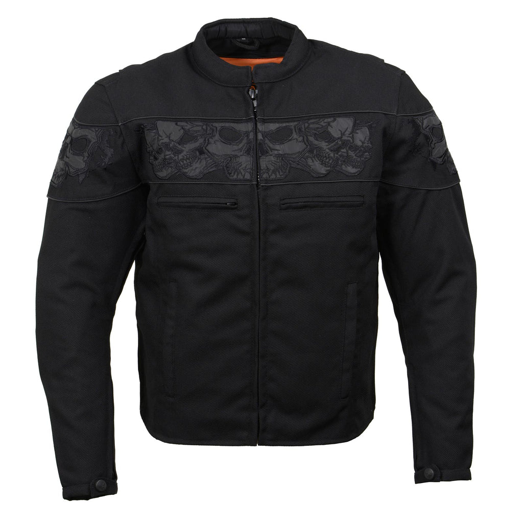 Milwaukee Leather MPM1730 Men's Black Padded Textile All Season Motorcycle Jacket w/ Reflective Skulls Artwork
