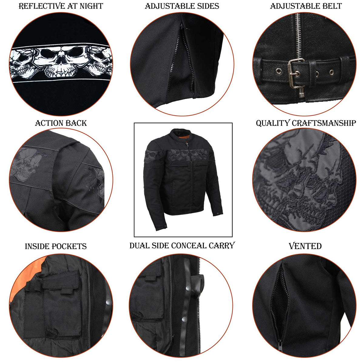 Milwaukee Leather MPM1730 Men's Black Padded Textile All Season Motorcycle Jacket w/ Reflective Skulls Artwork