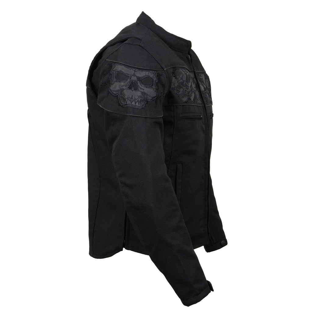 Milwaukee Leather MPM1730 Men's Black Padded Textile All Season Motorcycle Jacket w/ Reflective Skulls Artwork