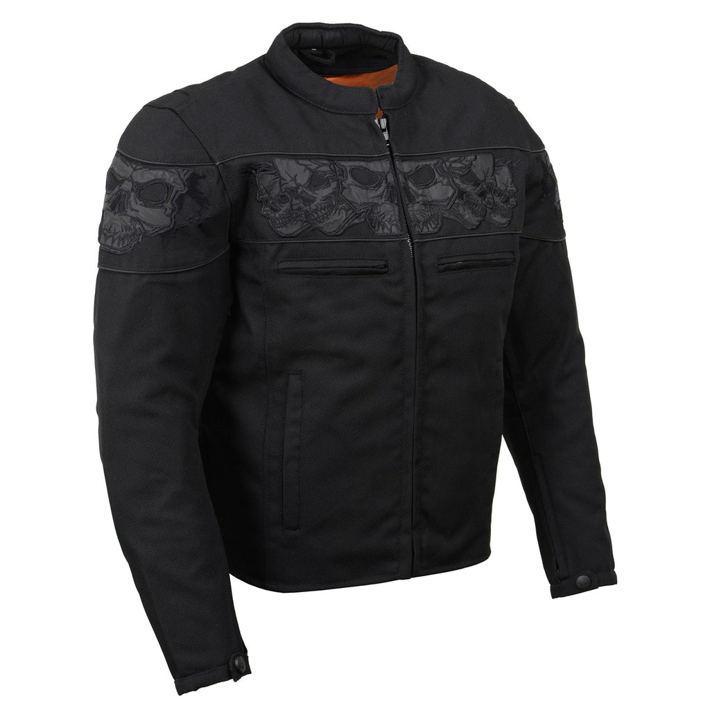 Milwaukee Leather MPM1730 Men's Black Padded Textile All Season Motorcycle Jacket w/ Reflective Skulls Artwork