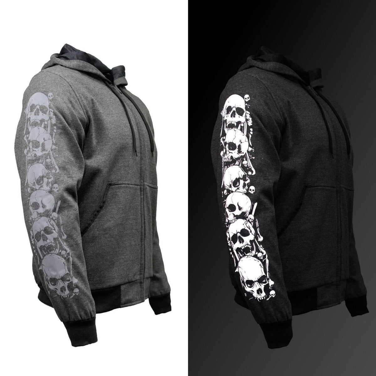 Milwaukee Leather Men's Bare Bones Charcoal Reflective Skull CE Armored Riding Hoodie, Shoulder & Elbow Armor - MPM1799