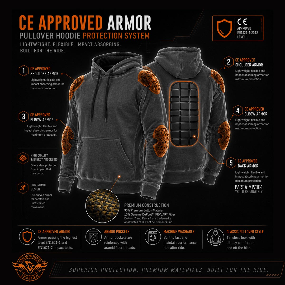 Milwaukee Leather Men's Streetguard Black CE Armored Riding Hoodie, Shoulder and Elbow Armor - MPM1770