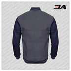 Navy Blue Faux Leather Sleeves Gray Wool Varsity Jacket