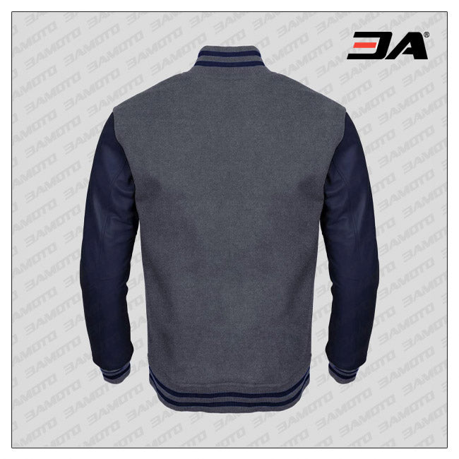 Navy Blue Faux Leather Sleeves Gray Wool Varsity Jacket