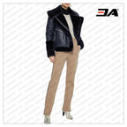 Navy Blue Lambskin Leather And Faux Fur Coat