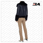 Navy Blue Lambskin Leather And Faux Fur Coat