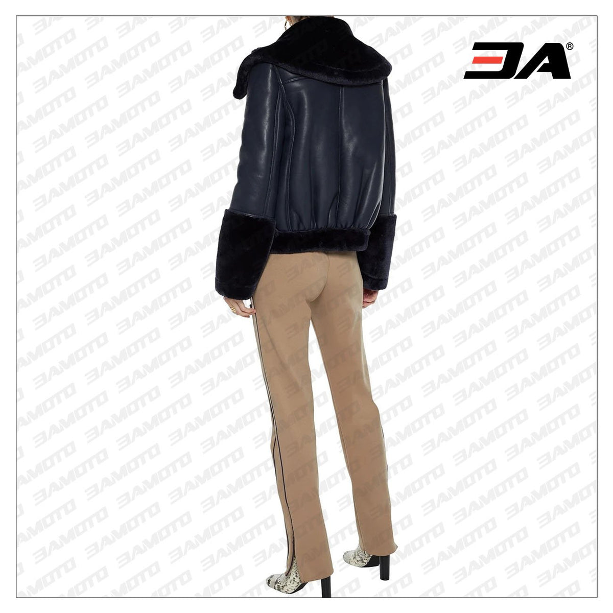 Navy Blue Lambskin Leather And Faux Fur Coat